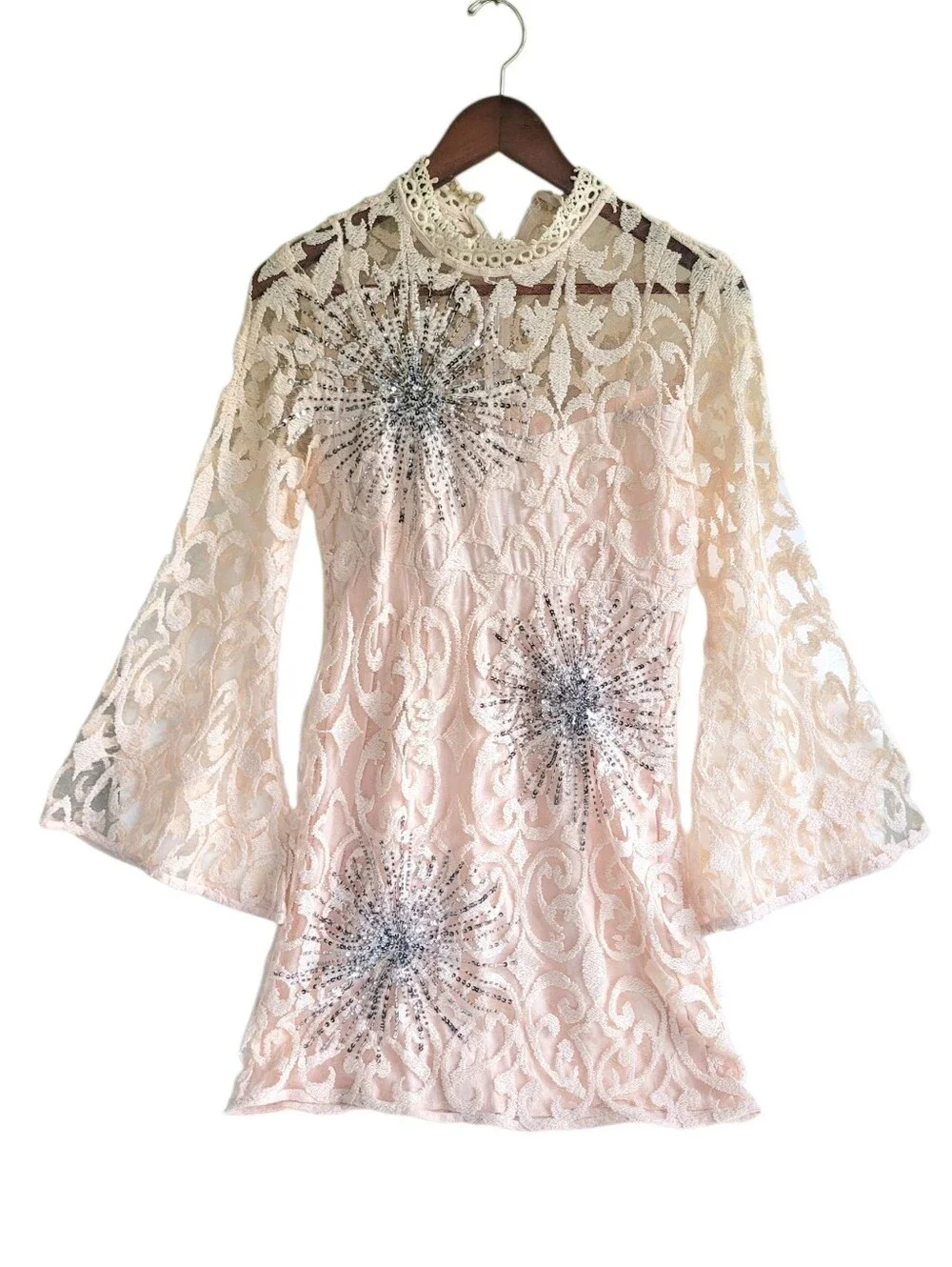 Free People Lace Embroidered Sequinned Long-Sleeve Mini Dress Cream 4 Boho